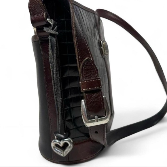 Vintage Brighton Bergson Croc Embossed Leather Bucket Bag Brown Black - Picture 3 of 9